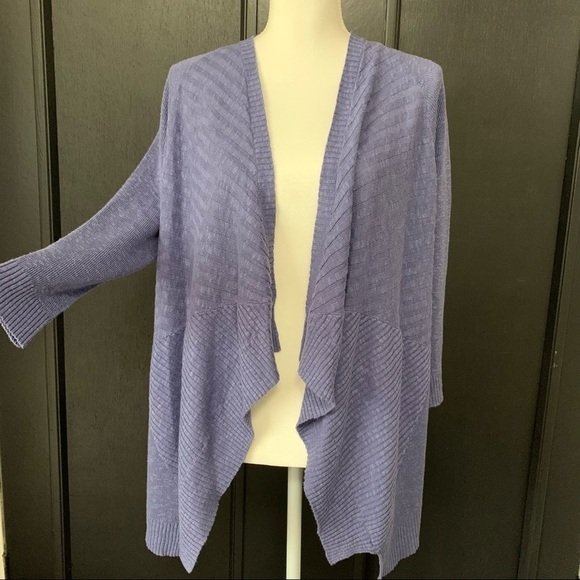 EILEEN Fisher purple linen/cotton slub stitch boxy open drape cardigan - Picture 3 of 7